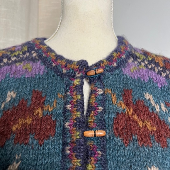 Newari 100%‎ Wool Handknit Cardigan Sweater Jacket Lined Floral Nepal Size Small - Picture 4 of 16